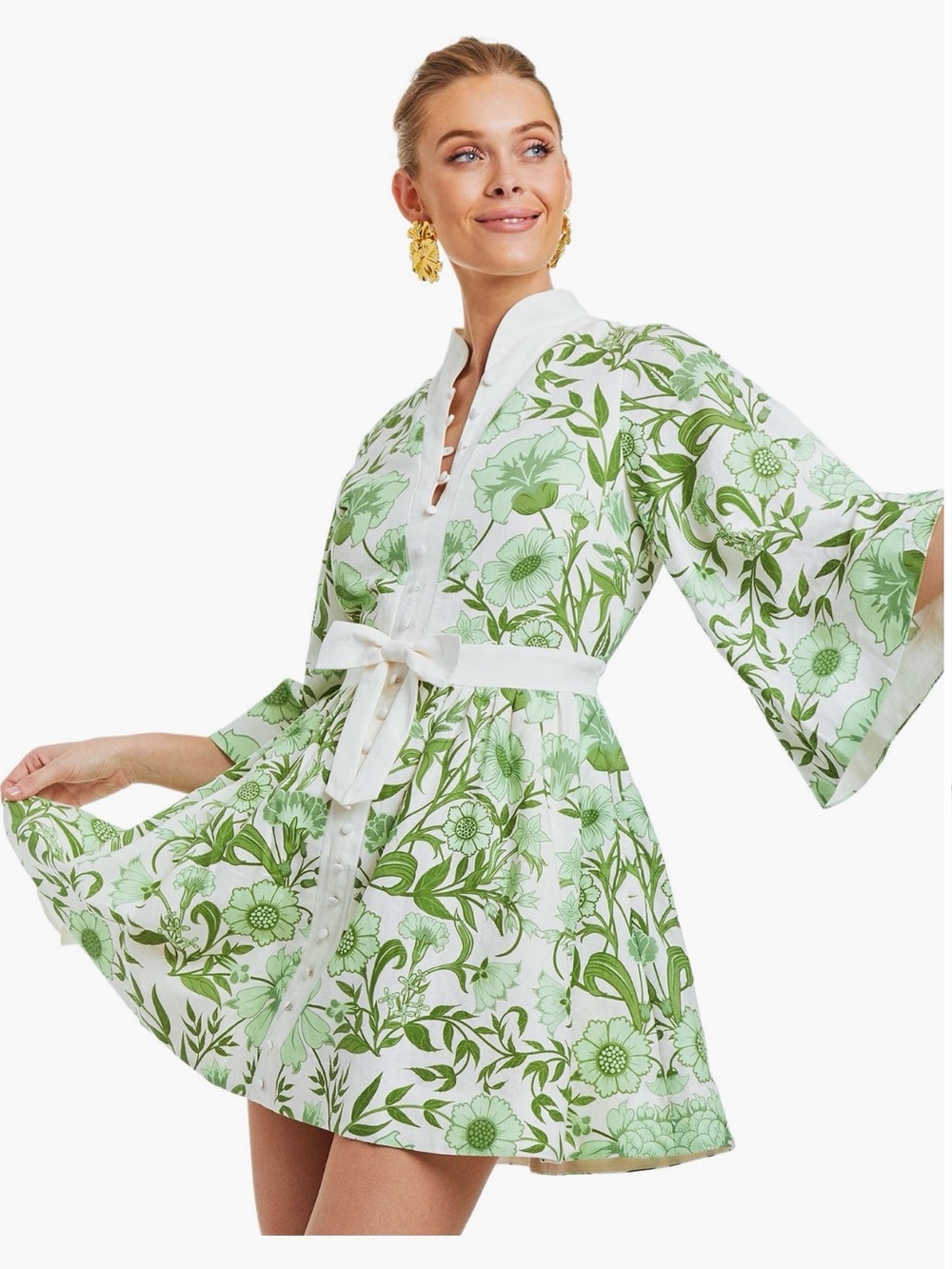 Mestiza Green Floral Linen Blend Dress w/bow